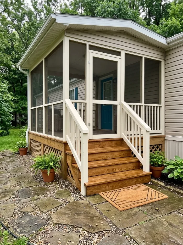 Refinished porch steps, rails, decking, and front door create a clear arrival sequence at a mobile home.