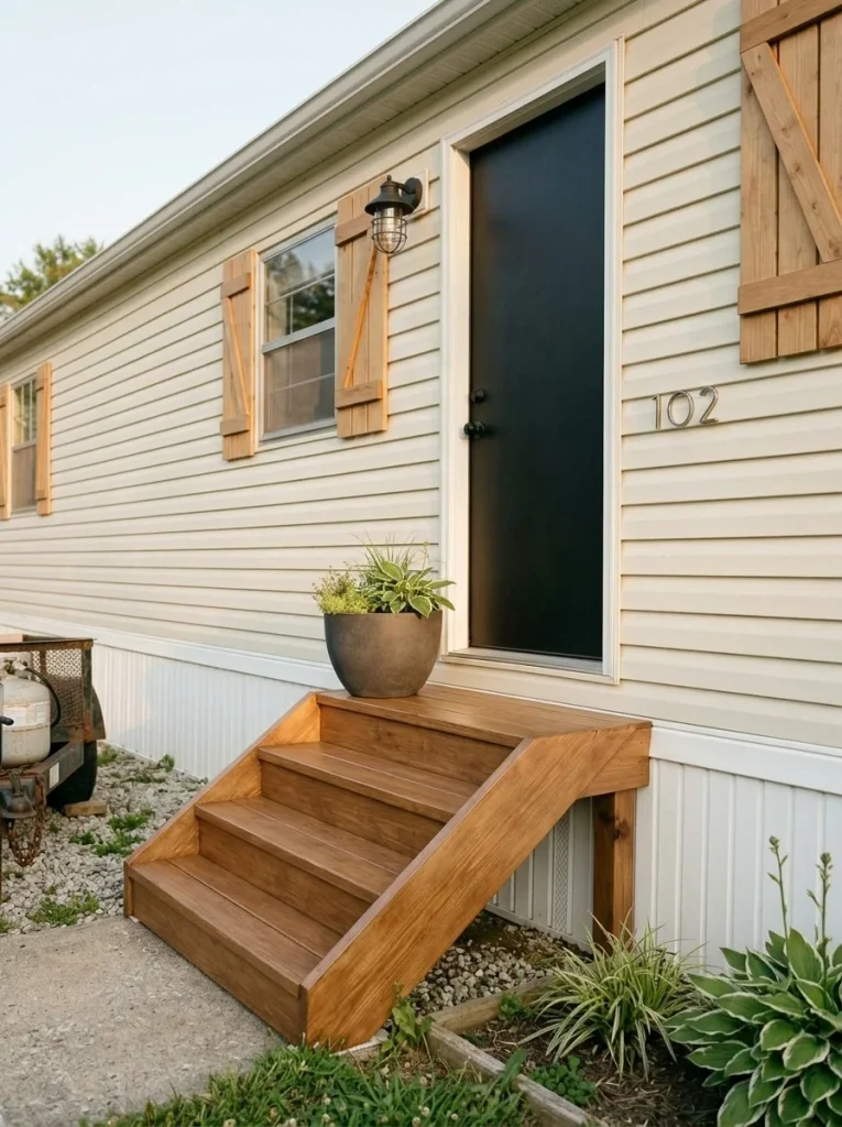 Refinished mobile home porch with coordinated stained deck boards, steps, fascia, and posts.