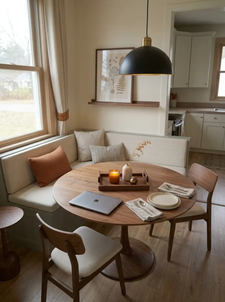 Removable fall tray shares a compact mobile home dining table with a laptop and place settings for everyday use.
