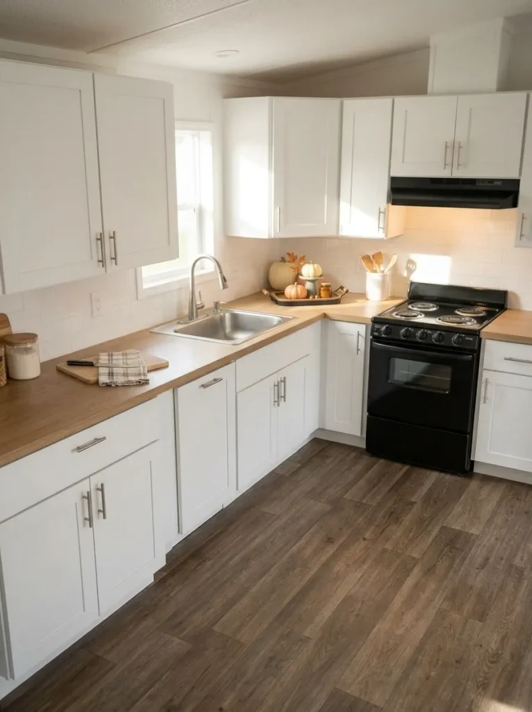 Two-level pumpkin tray contained on one removable base beside an open prep area in a small mobile home kitchen.