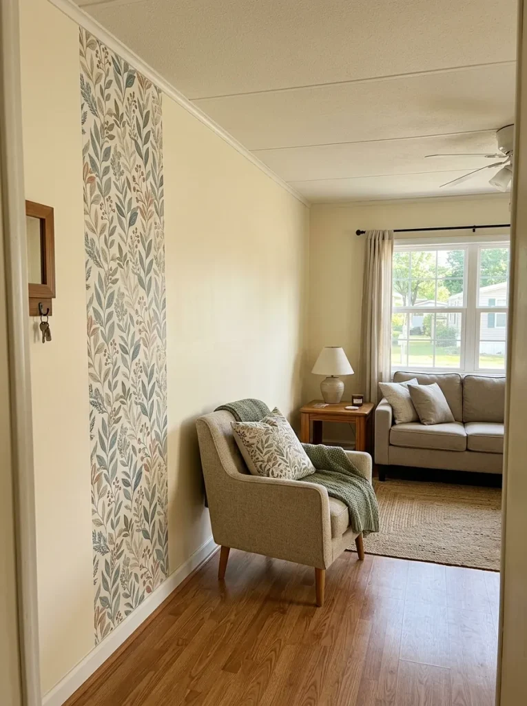 Mobile-home living room with one full-height removable wallpaper test panel applied before covering the entire wall.