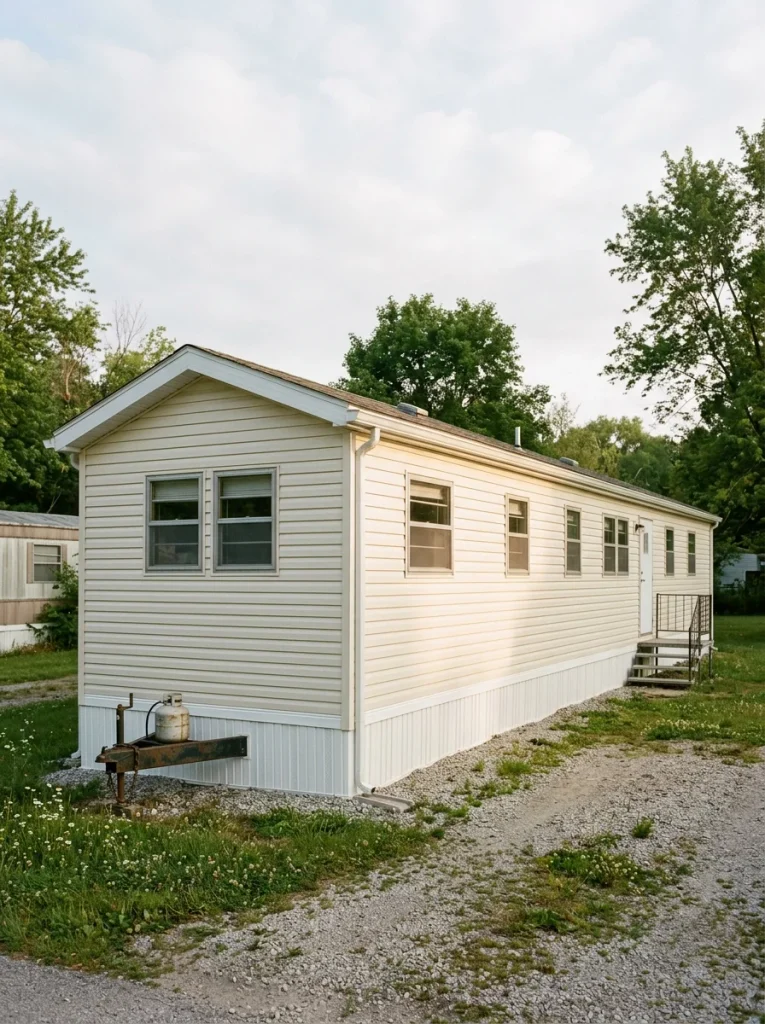 Freshly repainted warm-white siding on a long mobile home exterior creates a cleaner, more expensive-looking finish.