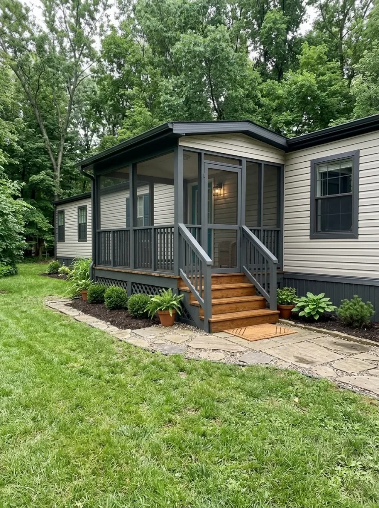 Cohesive siding and trim paint unifies the long exterior of a modest mobile home.