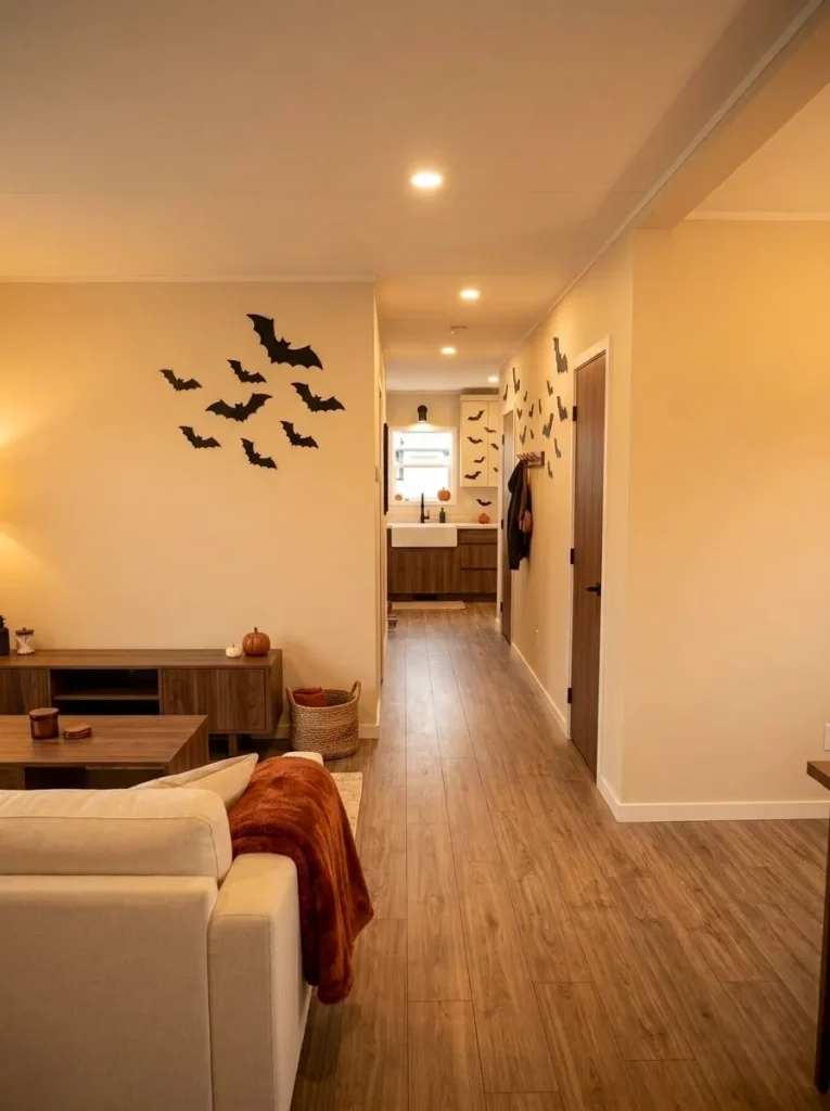 Connected mobile home rooms using a repeated bat motif that becomes quieter from the living room through the hallway to the kitchen.