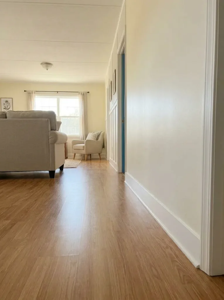 Mobile-home living room with one damaged baseboard section replaced to match the existing trim around the room.