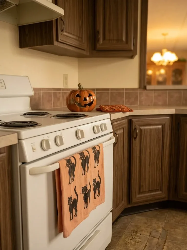 One ceramic pumpkin and two useful textiles can carry the entire Halloween layer in a small kitchen.