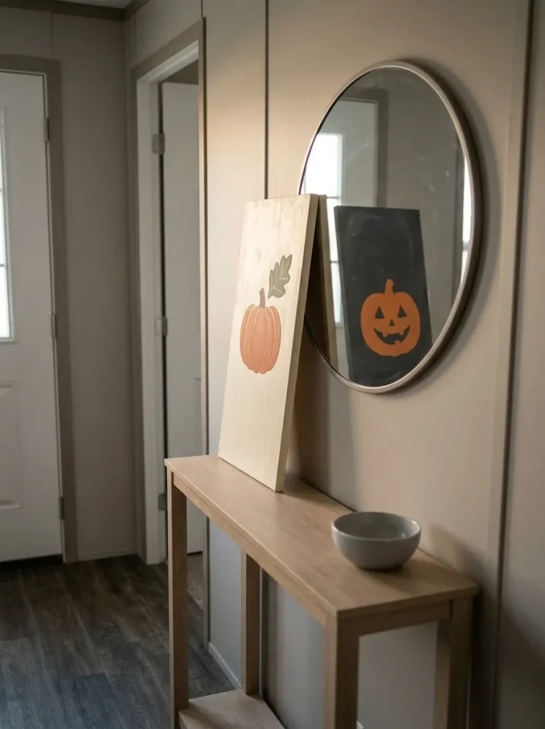 Reversible pumpkin panel showing its fall design directly and Halloween reverse in a nearby mirror on a narrow mobile home console.