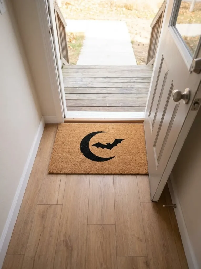 Reversible DIY Halloween doormat in a clear compact mobile home entry with the door open.