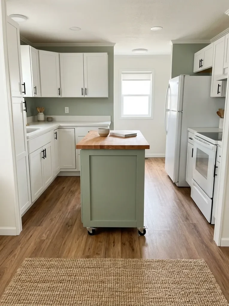 Slim rolling kitchen island positioned to preserve appliance access and circulation in a compact mobile-home kitchen.