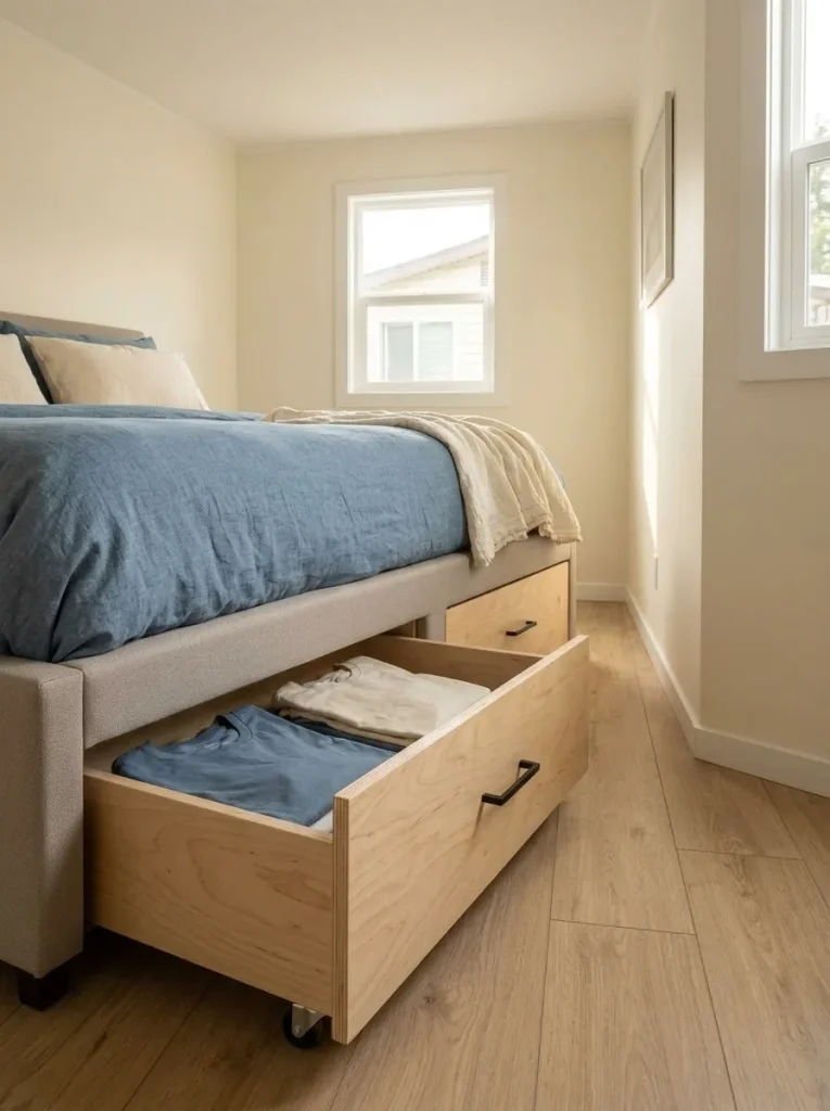 Rolling drawers beneath a bed add hidden storage while keeping the narrow walkway clear in a small mobile-home bedroom.