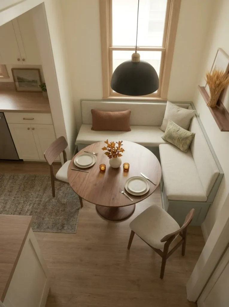 Round walnut dining table in a small mobile home uses a compact low fall centerpiece while leaving clear space for place settings.