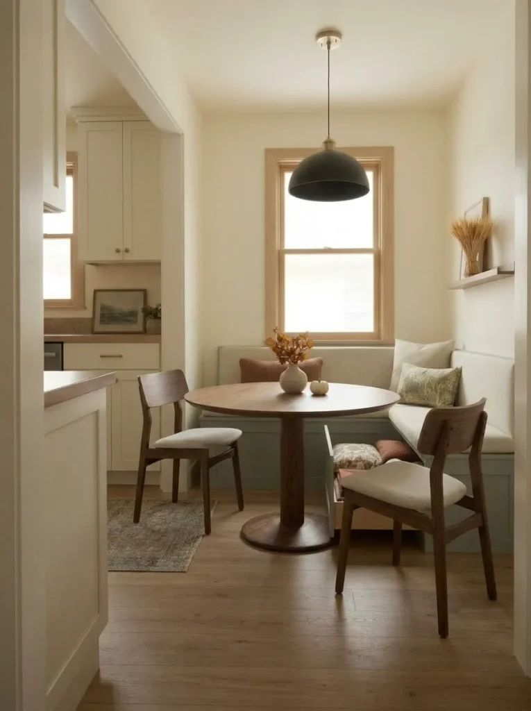 Round pedestal table leaves a clear curved walking route through a compact mobile home dining nook beside the kitchen.