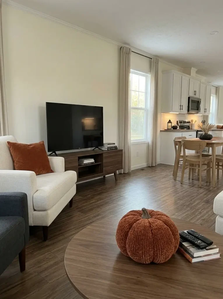 Rectangular small mobile-home living room softened by one rounded burnt-orange fabric pumpkin on the coffee table.
