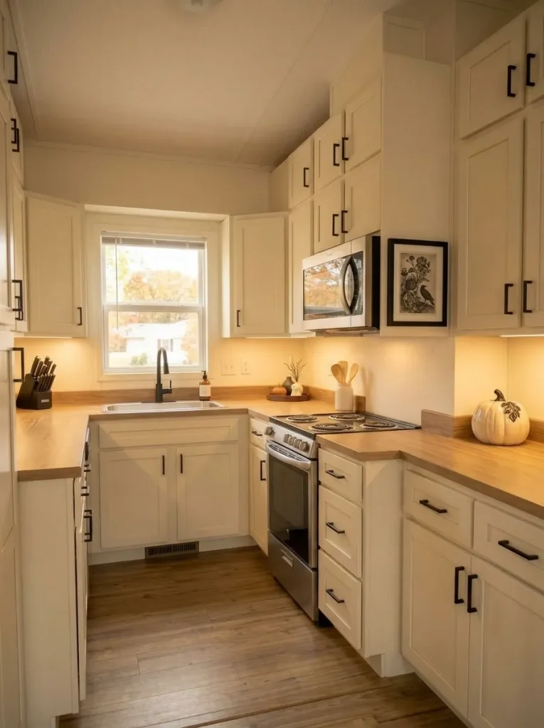 Side view of a mobile home kitchen with a clear cooking zone and Halloween accents placed away from the stove.