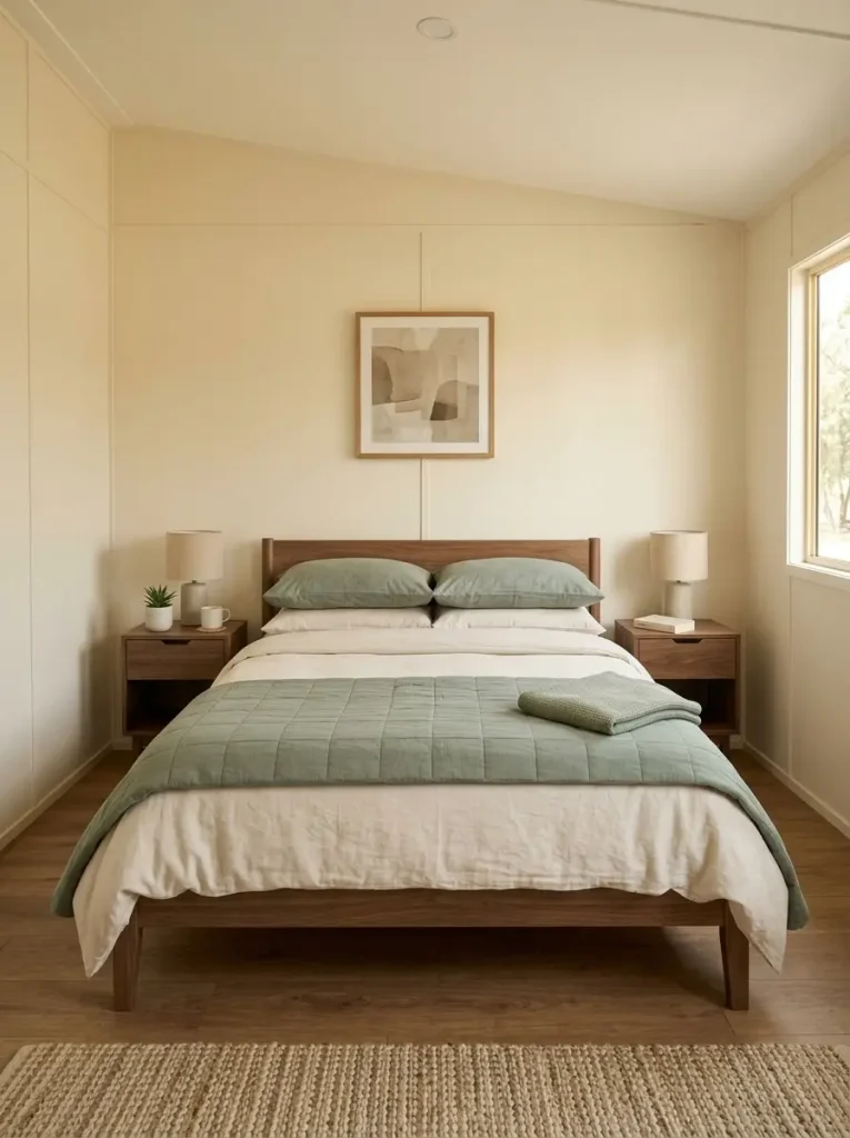 Cream mobile home bedroom with dusty sage bedding and warm oak wood finishes.