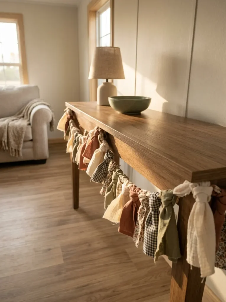 A lightweight fabric garland adds autumn texture along a furniture edge without requiring another hard object or bulky seasonal storage.