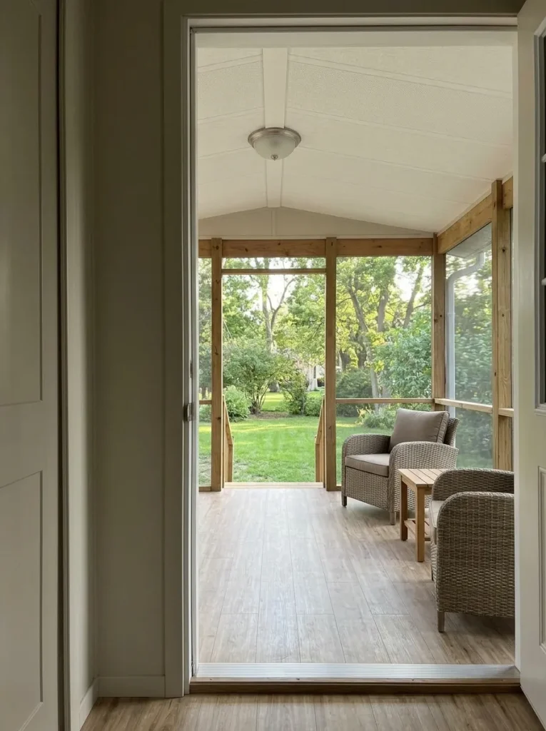 Existing covered mobile-home porch screened between the posts while keeping the route and outdoor views open.