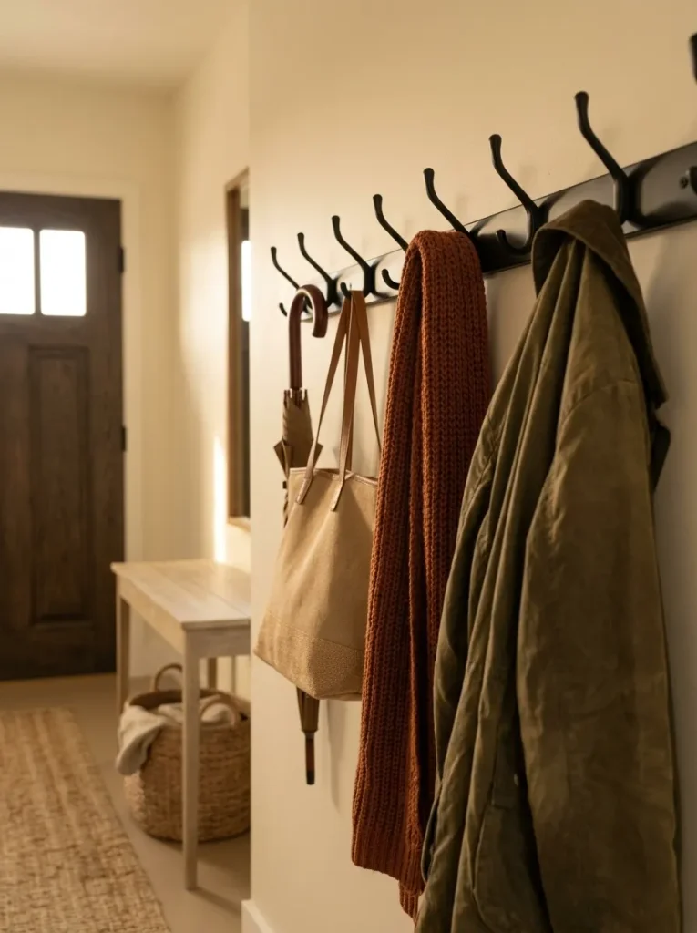 Functional entry hooks in a small mobile home styled for fall with an olive jacket, rust scarf, woven tote, and open hooks.