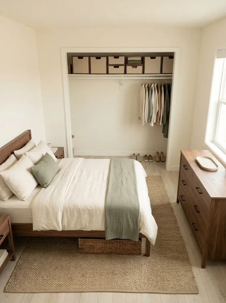 Seasonal belongings consolidated on a high closet shelf and under the bed while everyday bedroom storage remains easy to access.