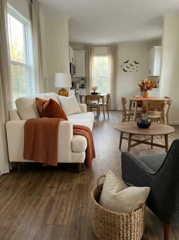 Small mobile-home sofa keeps the same number of pillows while everyday textiles are swapped for rust and subtle Halloween covers.
