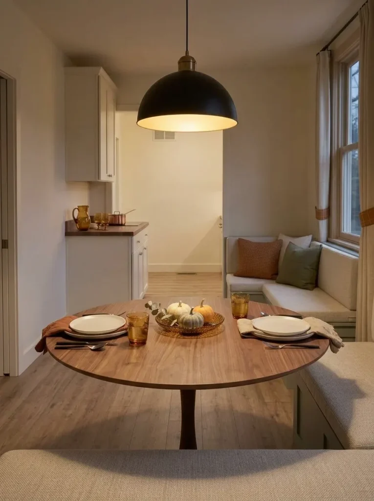 Seated evening view of a small mobile home dining nook with a low fall centerpiece, clear sightline and intentionally open tabletop space.