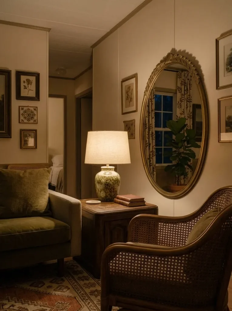 Properly scaled secondhand table lamp creating warm evening light beside a vintage chair in a small mobile home living room.