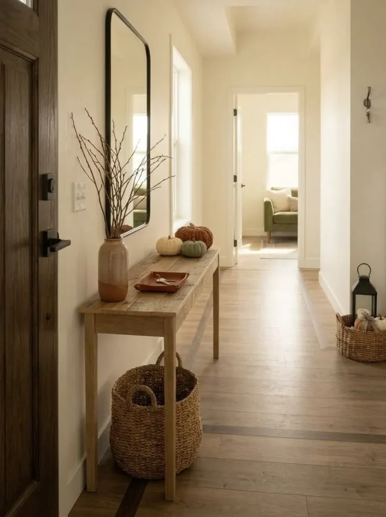 Shallow entryway console in a small mobile home styled with fall branches, key tray, small pumpkins, and open surface space.