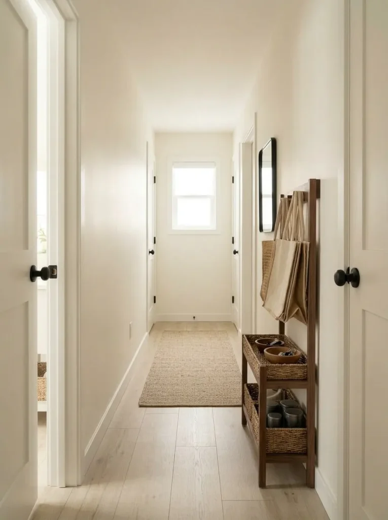 Shallow storage along a narrow mobile home hallway with the main walking path and adjoining doorways kept clear.