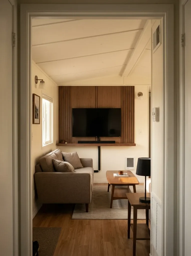 Shallow media wall creating a focal point without reducing floor depth in a narrow mobile-home living room.