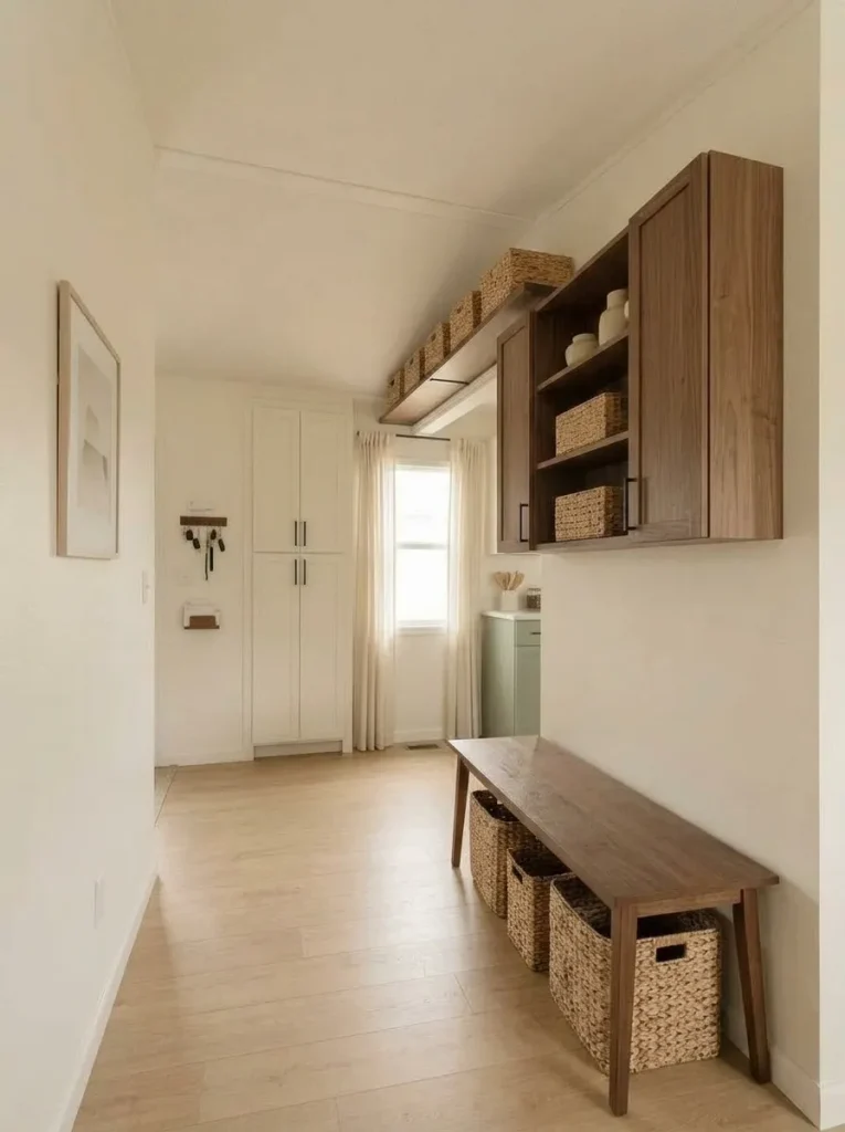 Shallow upper-wall storage above a low console in a narrow mobile home while the walking area remains completely open.