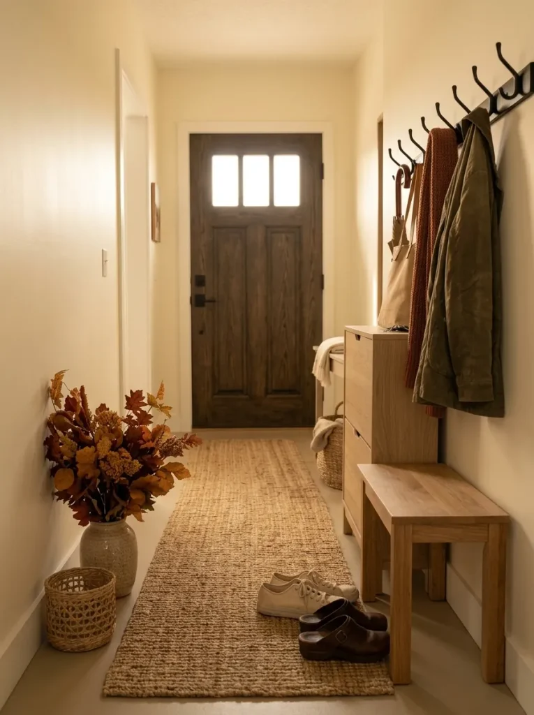 Organized shoe storage clearing the floor in a small mobile home entryway decorated with a runner, bench, and subtle fall accents.