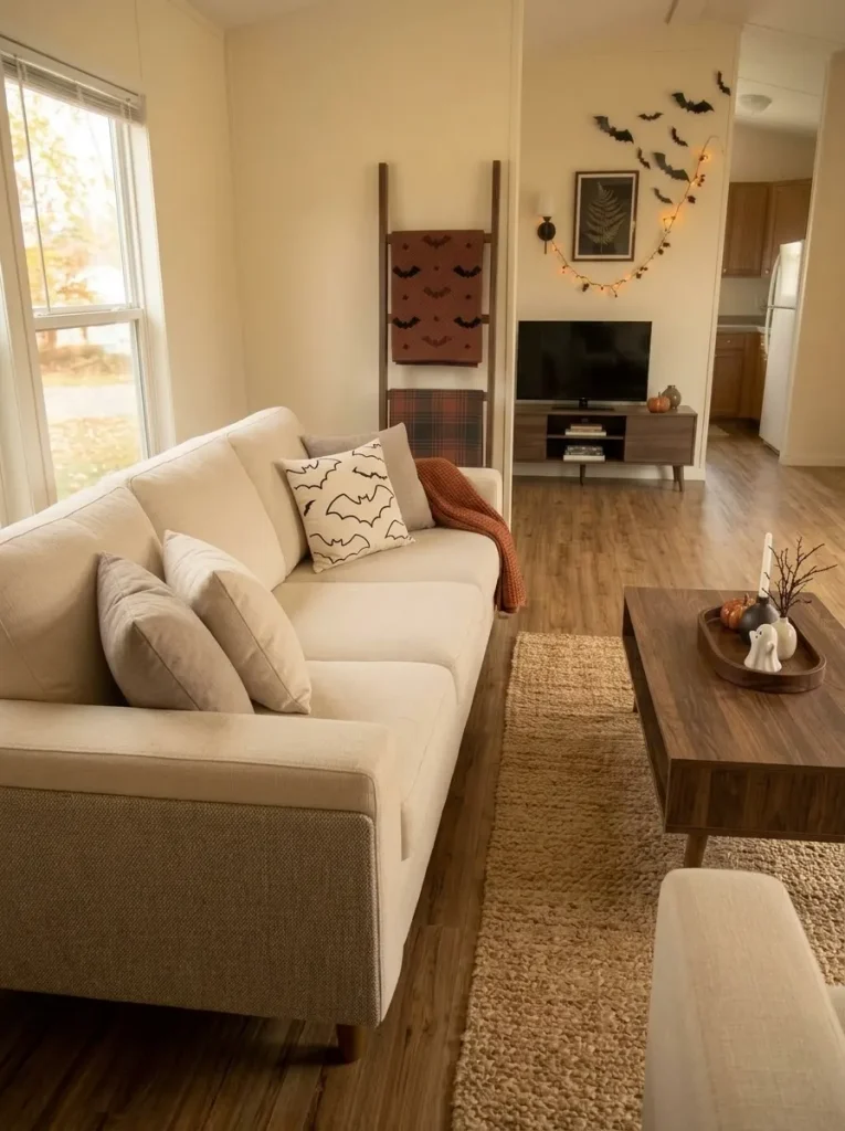 Cream sofa in a small mobile home styled with one Halloween pillow and one rust throw among neutral cushions.