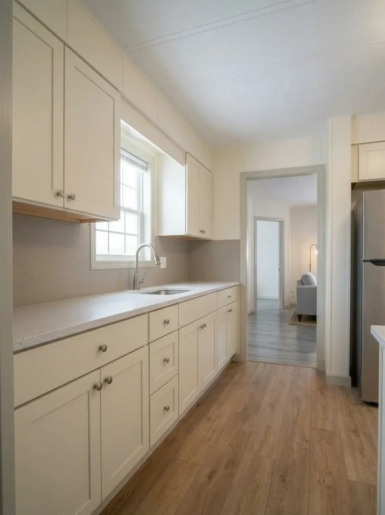 Calm continuous backsplash simplifies a compact mobile home kitchen between the counters and upper cabinets.