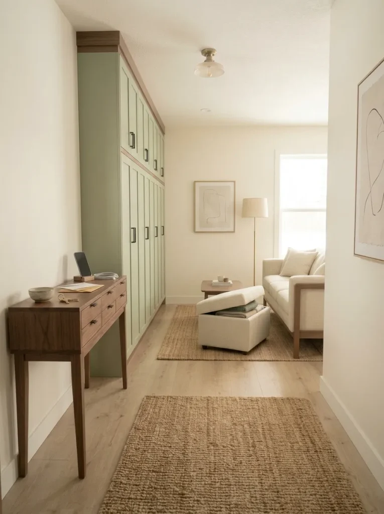 Narrow mobile home living room with storage concentrated on one wall and the opposite wall intentionally kept visually quiet.