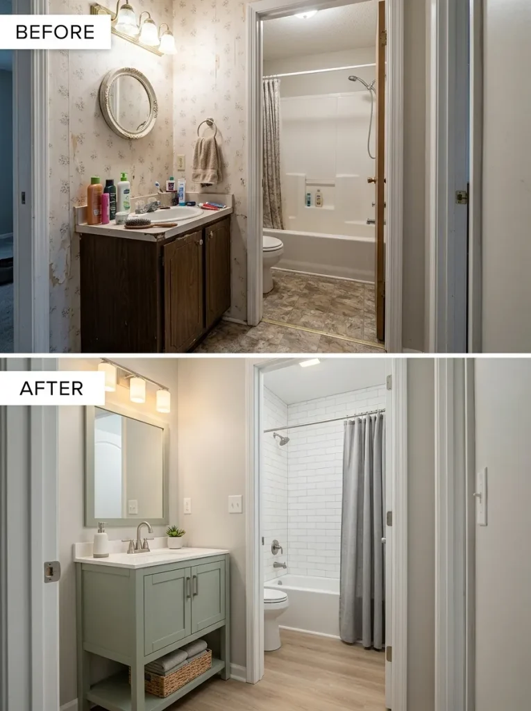 Small single-wide bathroom before and after the vanity, mirror, light, and wall finish are coordinated as one focal zone.
