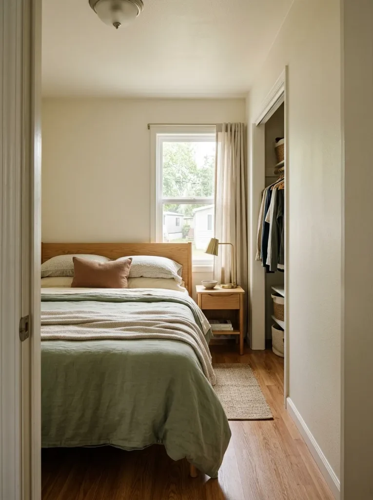 Small single-wide bedroom showing a clear walking route from the doorway around the bed toward the closet.
