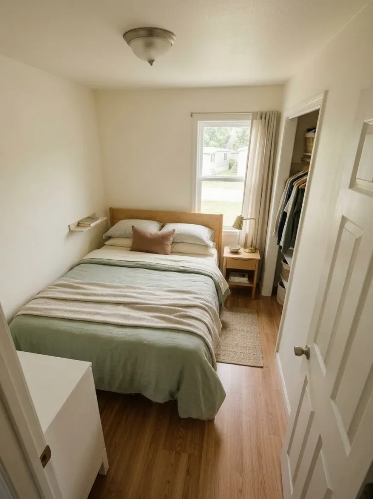 Single-wide bedroom with the bed placed on the least interrupted wall to preserve door and closet access.