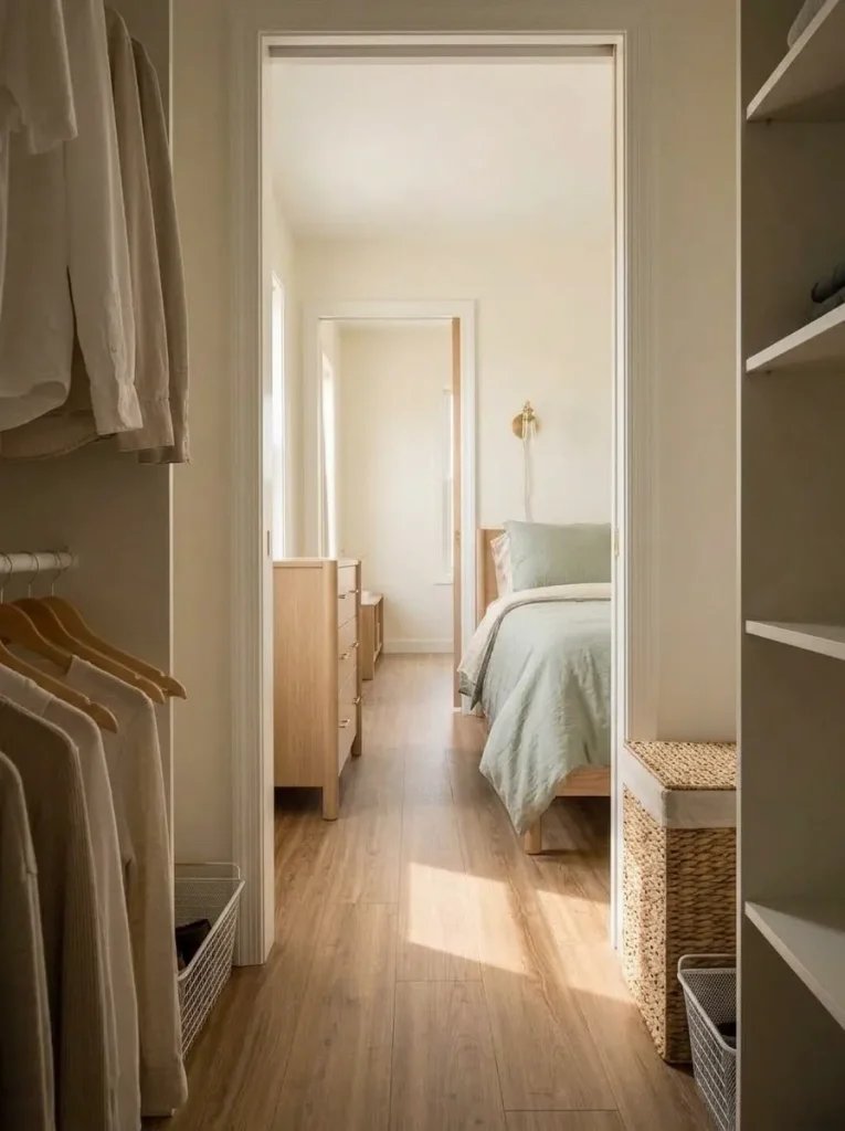 Clear floor outside a bedroom closet keeps the dressing route unobstructed in a small single-wide bedroom.