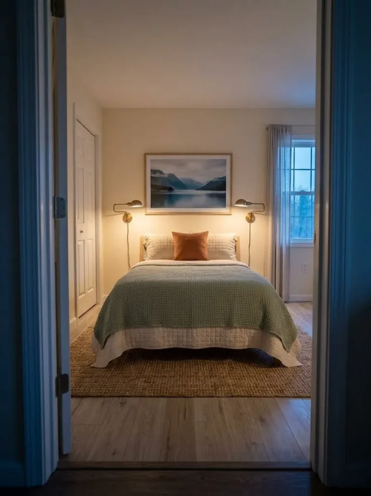 Finished single-wide bedroom viewed from the doorway at night with clear circulation and one calm focal point.
