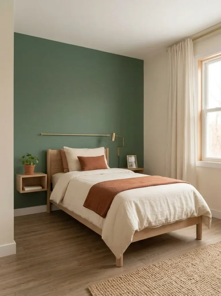 Muted green headboard wall creates one strong color field in a small single-wide bedroom with neutral bedding.