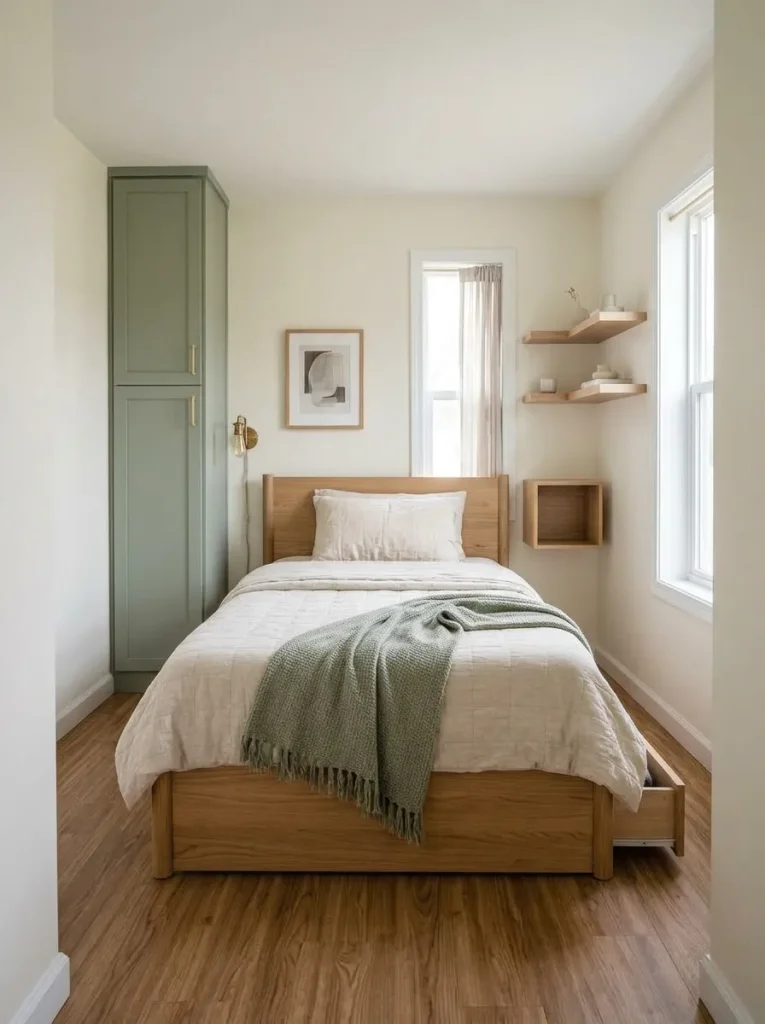 Shallow storage frames the headboard without crowding the bed in a small single-wide bedroom.