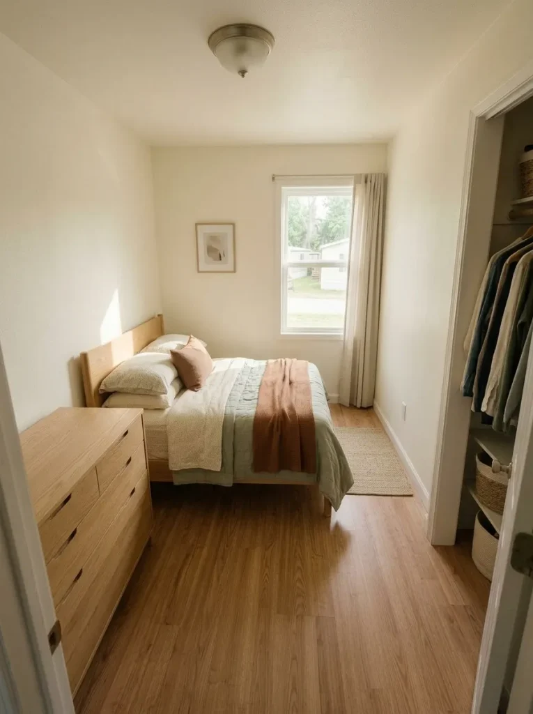 Low-profile bed in a narrow single-wide bedroom leaving a clear sightline toward the far wall.