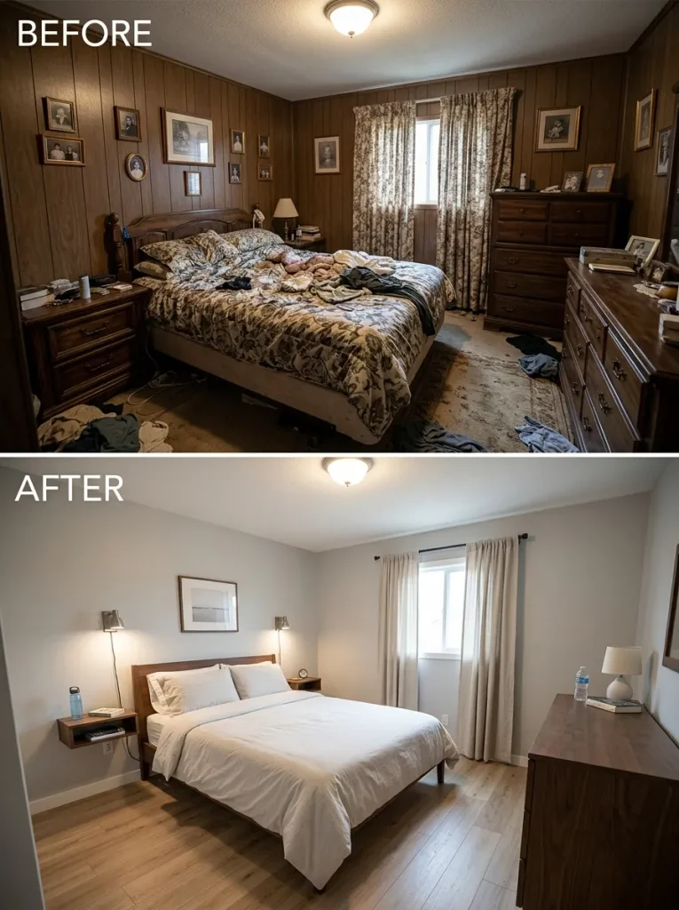 Small single-wide bedroom before and after bulky furniture is edited and the bed wall becomes a stronger focal point.