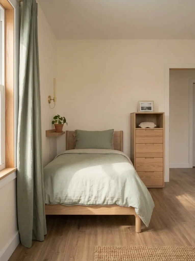 Off-center bed uses different bedside solutions to work around a window in a narrow single-wide bedroom.
