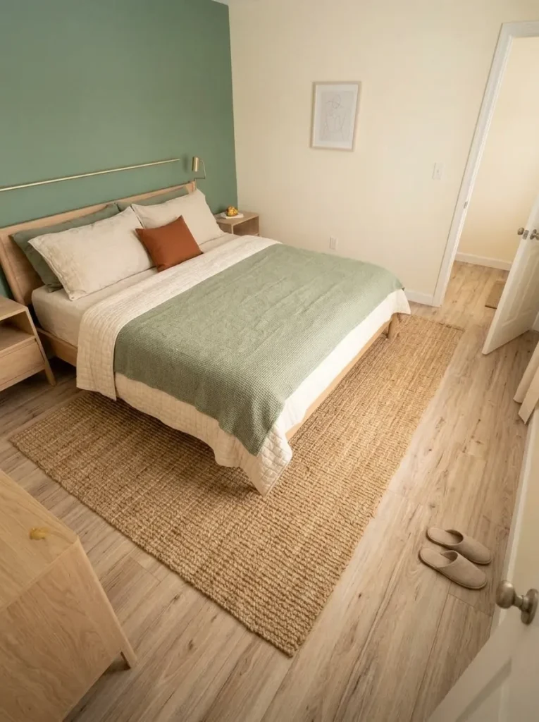 Bedroom rug connects with the bed while leaving a clear walking border in a narrow single-wide bedroom.