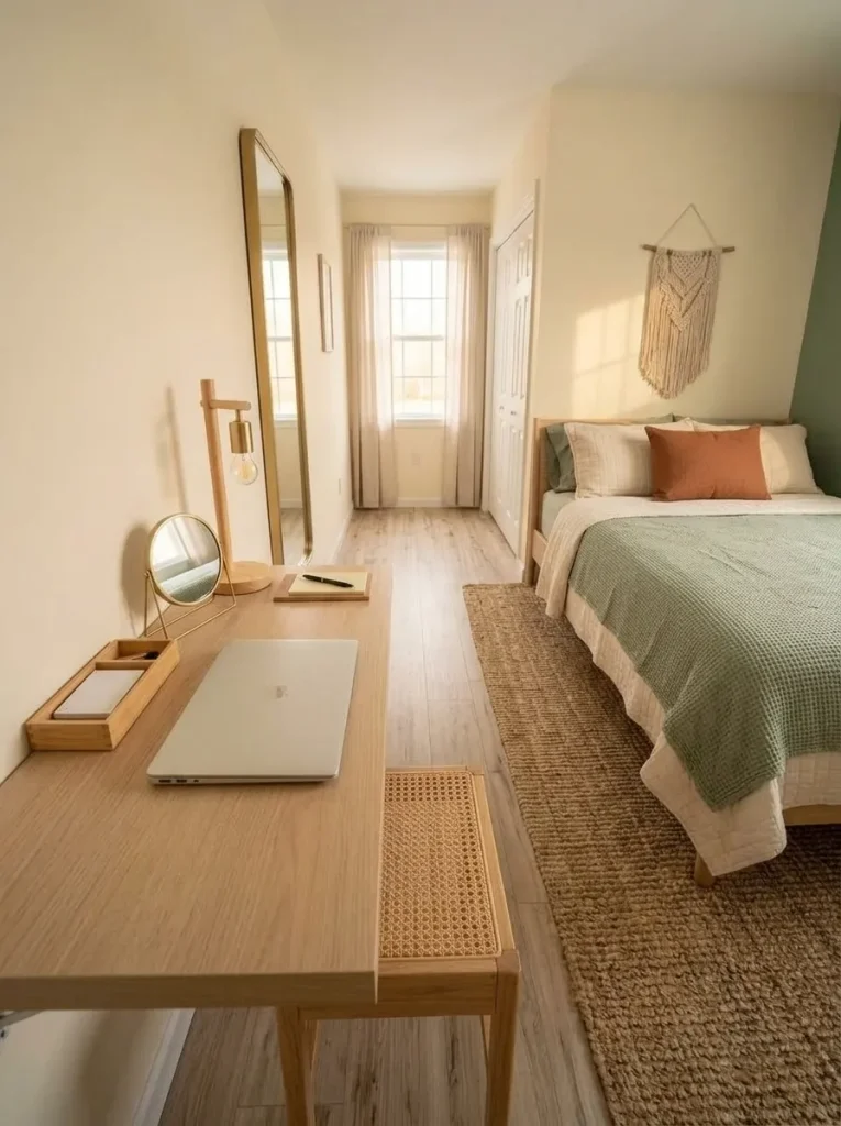 Shallow desk fits along one wall while keeping the bed and main circulation route dominant in a small bedroom.
