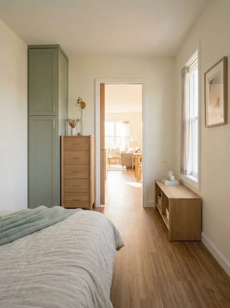 Tall bedroom storage is concentrated on one wall while the opposite side stays visually lower and more open.