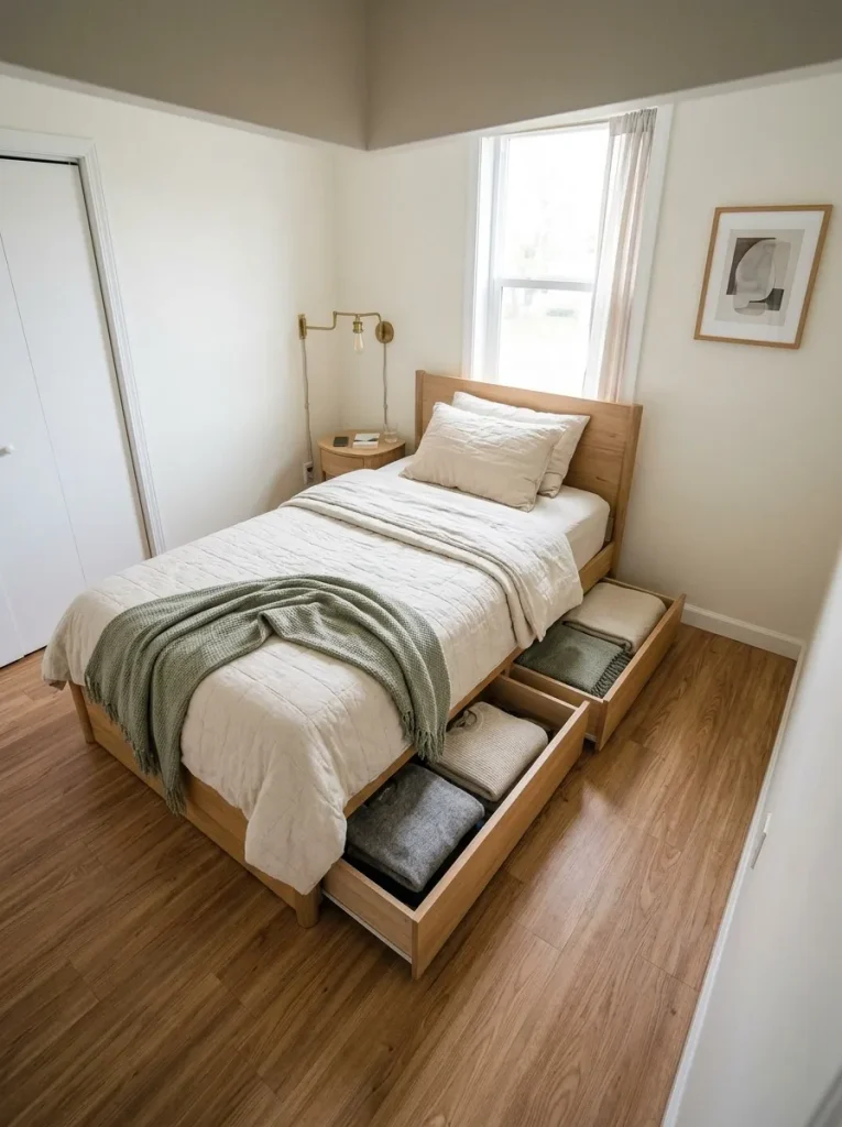 Storage bed with accessible drawers replaces the need for a separate chest in a compact single-wide bedroom.
