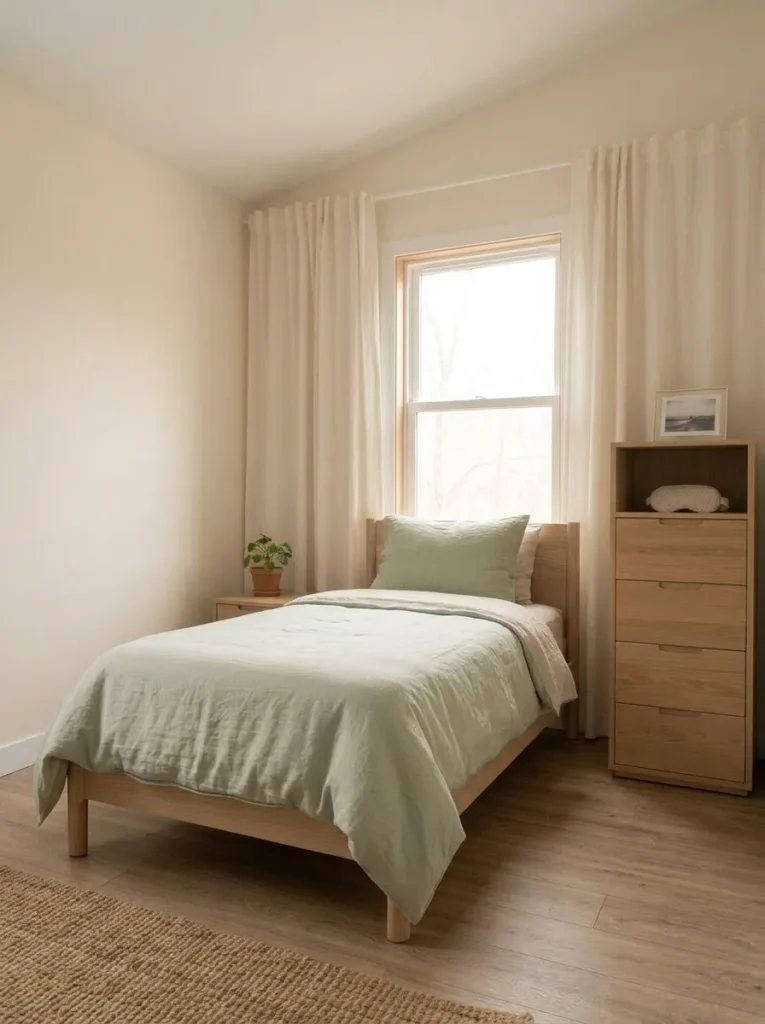 Full curtain panels visually strengthen a modest bedroom window without crowding the bed or floor.
