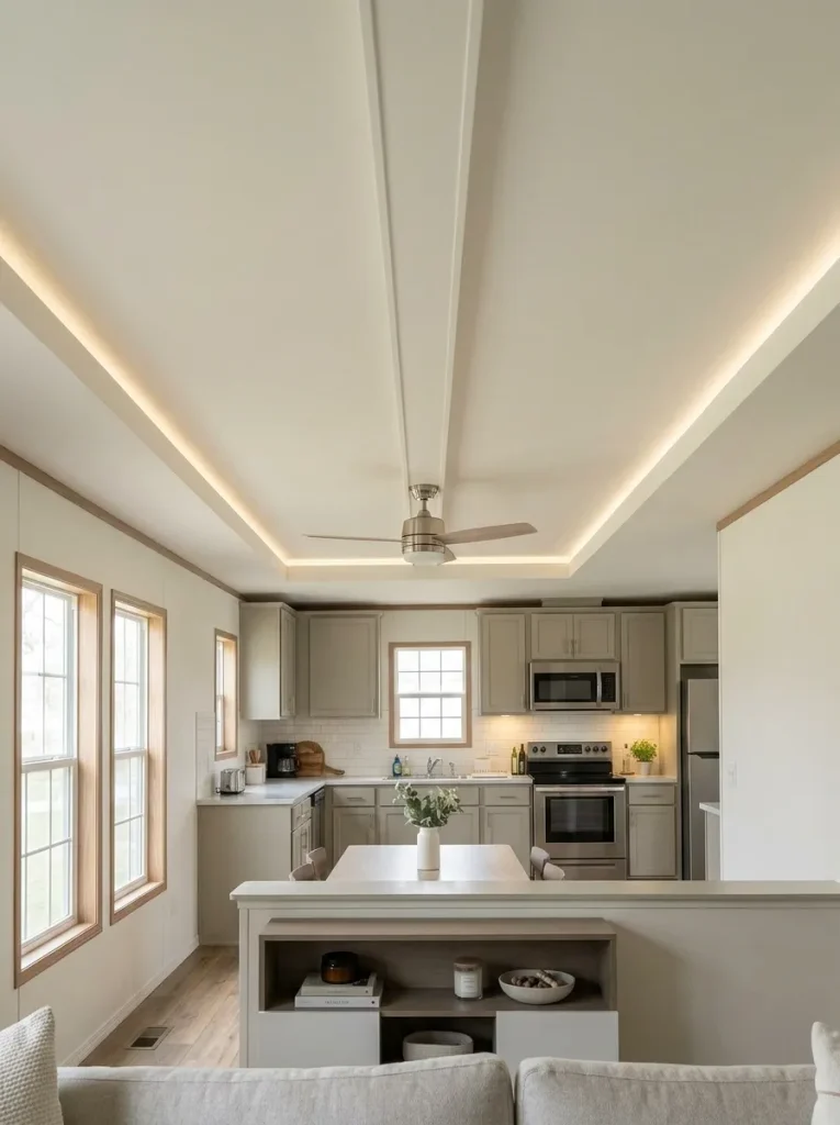 Upward long-room view of a renovated single wide showing a quiet continuous ceiling, simple lighting, and one retained focal ceiling feature.